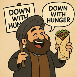 Down with Hunger — a cartoon man holding a protest placard in one hand and a shawarma in the other, mid-shout