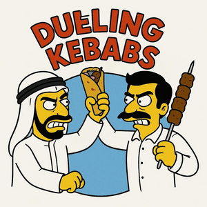 Two cartoon cooks mid-argument, one brandishing a wrap and the other a kebab skewer